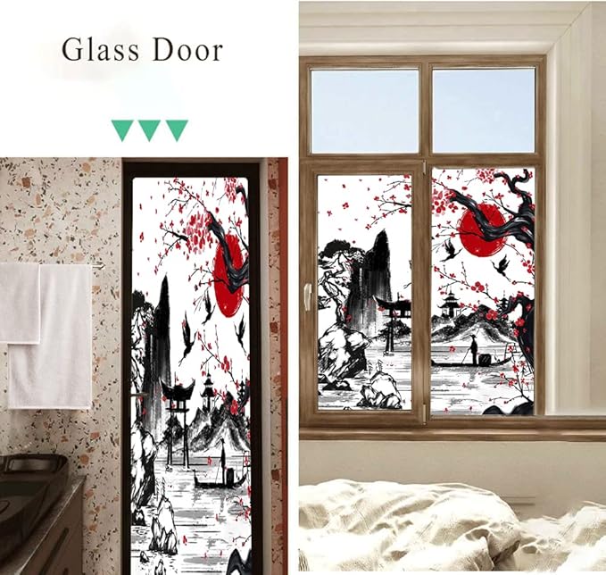 Vintage Japanese Style Decorative Window Film Abstract Ink Japanese Landscape Torii Gatekids Blackout Window Film,Cafe Lighted Window Film 23.6Wx35.4L-Inch X2Pcs