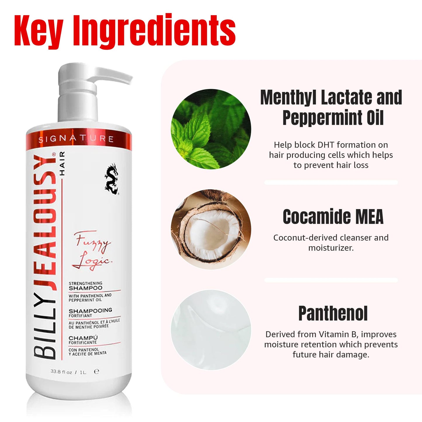 Billy Jealousy Fuzzy Logic Men's Shampoo for Thinning Hair, Peppermint-Infused, With DHT Blockers to Prevent Hair Loss and Break