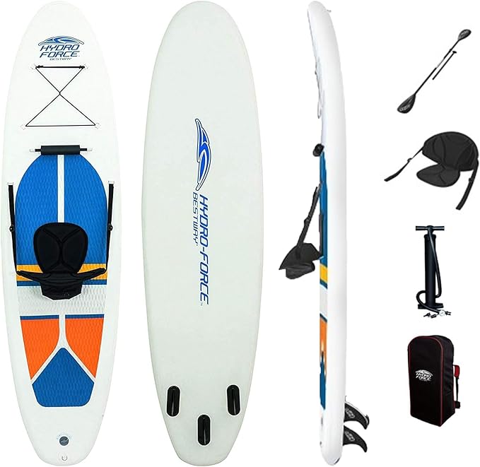 Bestway Hydro-Force White Cap 10' Inflatable Stand Up Paddle Board Kayak Water Set with Aluminum Oar, Hand Pump, and Trave...
