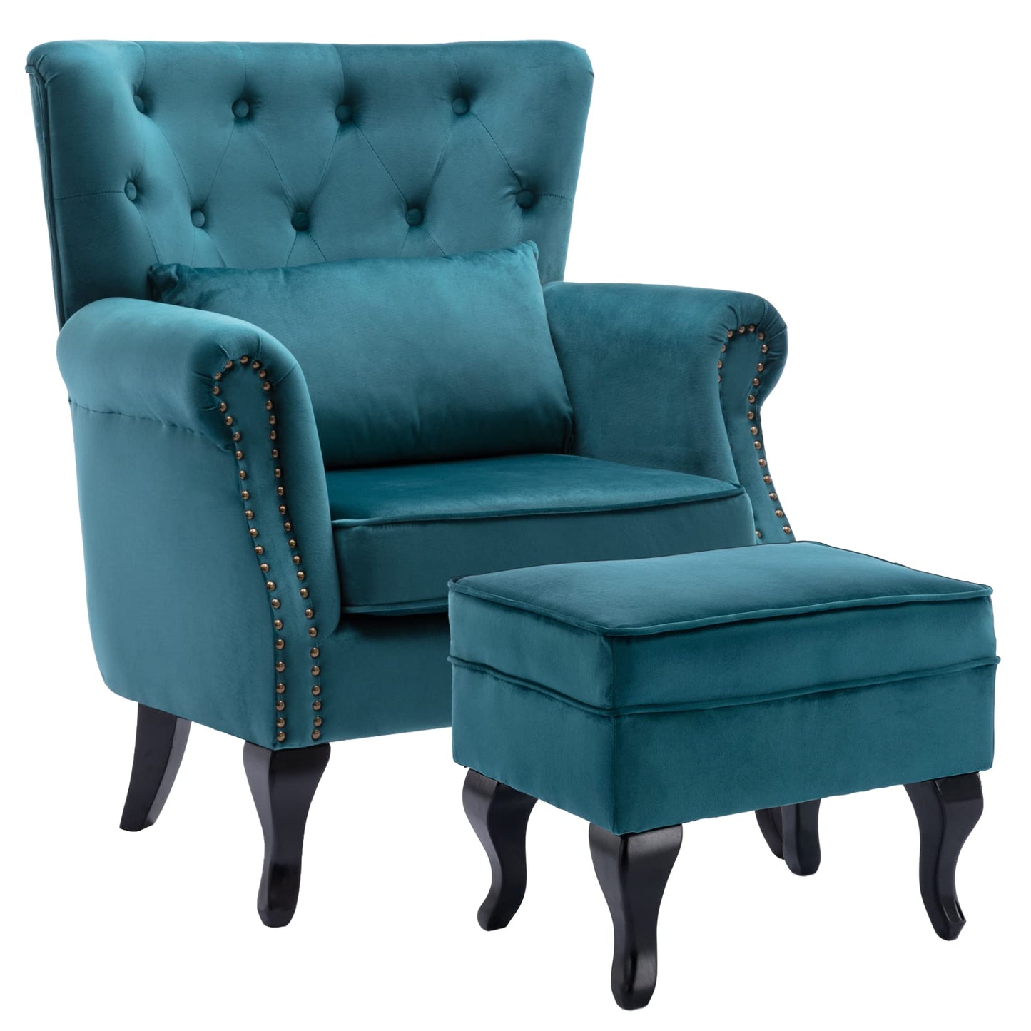 chairus Mid-Century Modern Accent Chair with Ottoman, Comfy Velvet Single Sofa Chair Button Tufted Wingback Armchair with Pillow for Living Room/Bedroom/Club - Teal