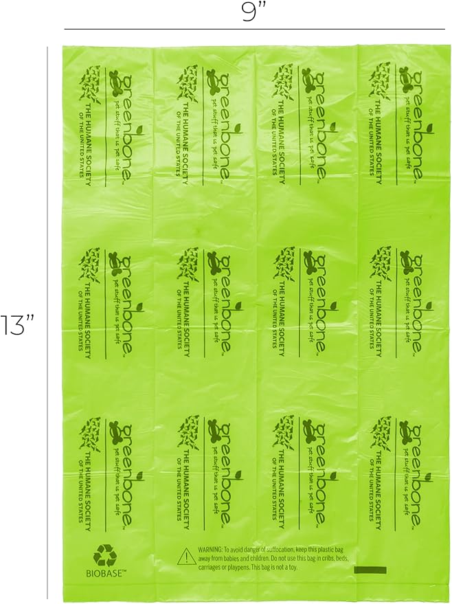 The Humane Society by Greenbone Biobase Pet Poop Bags - 12 Rolls - 144 Refills - Leak Proof 13 inch x 9 inch