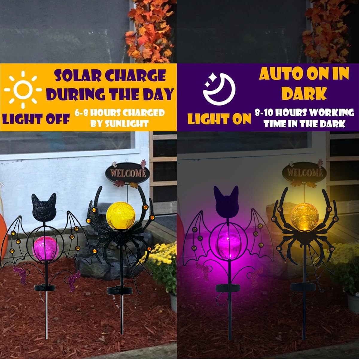 Solar Halloween Yard Decorations, Outdoor Solar Garden Metal Stake Lights, Funny Spider & Bat Stake with Crackle Glass Ball LED Lights Halloween Outdoor Decorations, Set of 2