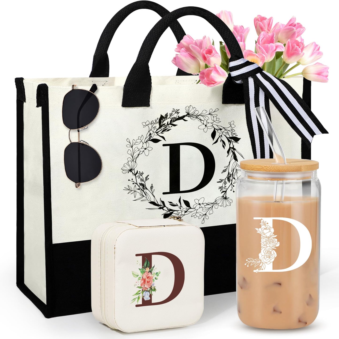 Initial D Birthday Gifts Women, Unique Personalized Monogrammed Gift with Initial Canvas Tote Bag 16oz Glass Cup Jewelry Case Box for Mom Teacher Sister Friend Wife Coworker Mothers Day Gifts
