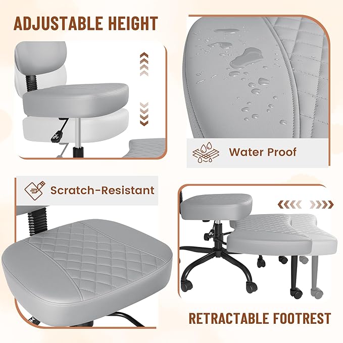 Homall Ergonomic Cross Legged Office Desk Chair with Wheels, 360° Swivel and Adjustable Height for Meditation and ADHD,Criss Cross Kneeling Chair with Lumbar Support (Leather, Grey)