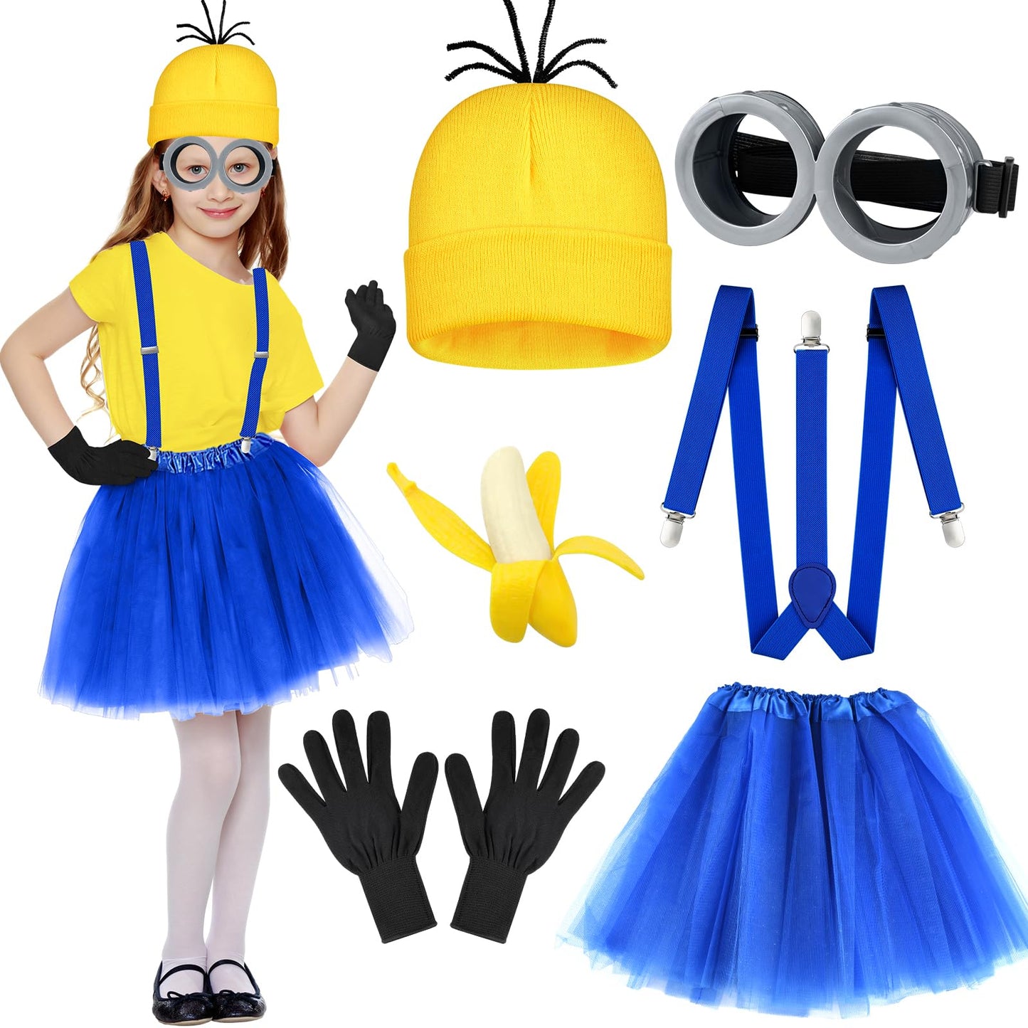 MEEZY 5 Pcs Halloween Costume Accessories for Girls Yellow Beanie Tutu Skirt Suspenders Goggles Gloves Halloween Costumes Party Cosplay Dress Up Set