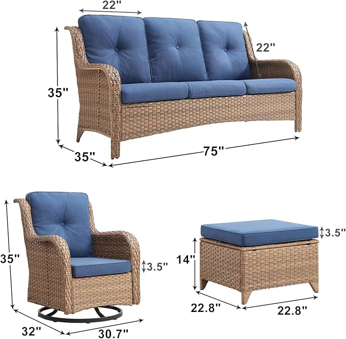 Rilyson Patio Furniture Swivel Chairs Set - 5 Piece Wicker Rattan Outdoor Sectional Conversation Sets with 2 Rocking Swivel Chairs,2 Ottomans and 1 Sofa for Porch Deck Garden(Yellow/Blue)