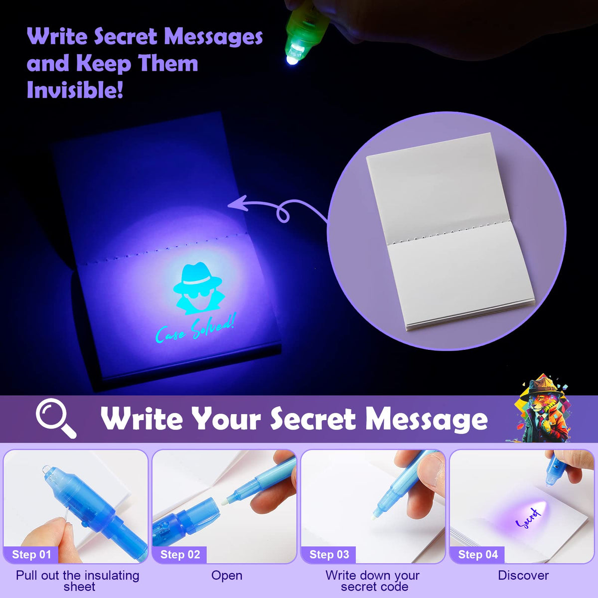 DazSpirit 32Pcs Invisible Ink Pen with UV Light, Mini Notepads & Favor Bags, Spy Pens, Top Secret Message Magic Marker, Party Favors for Kids 8-12, Class Prizes, Detective & Escape Room Themes