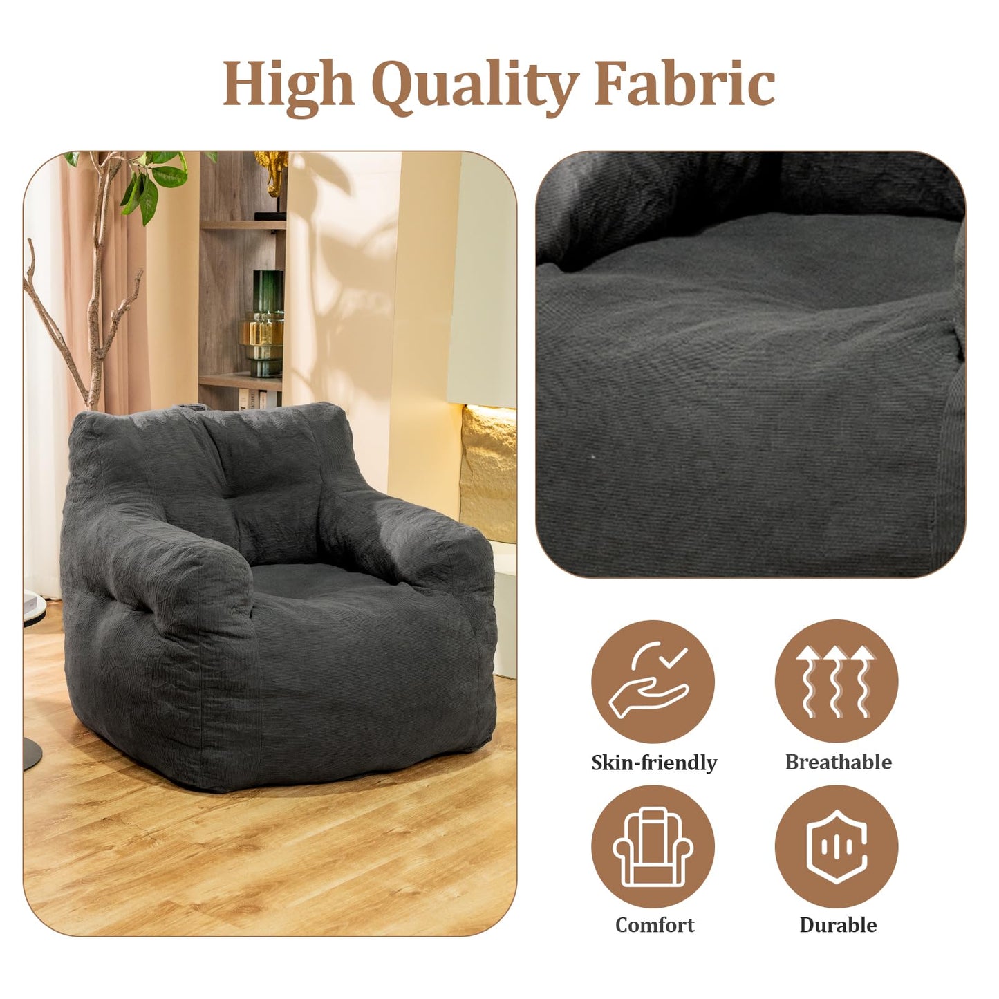 Stmoze Bean Bag Chair, Bean Bag Chair for Adults, Fluffy and Comfy Bean Bag with Filler, Bean Bag Sofa Chair for Reading, Gaming, Stuffed High-Density Foam, Grey
