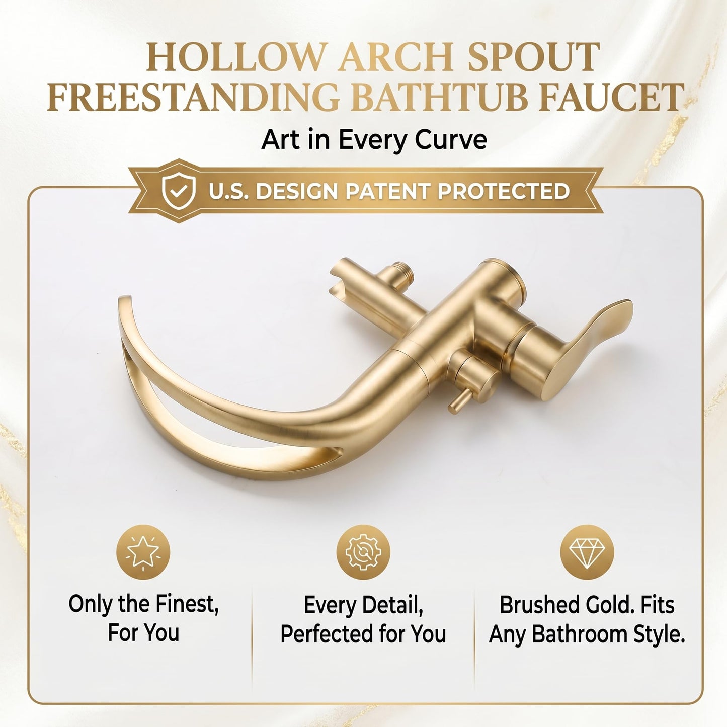 GOODBEING Freestanding Bathtub Faucet Stand Alone High Flow Brass Brush Gold Tub Filler, Free Standing Unique Bath Tub Faucet with Sprayer, Tub Shower Faucet Set (BG-Waterfall)
