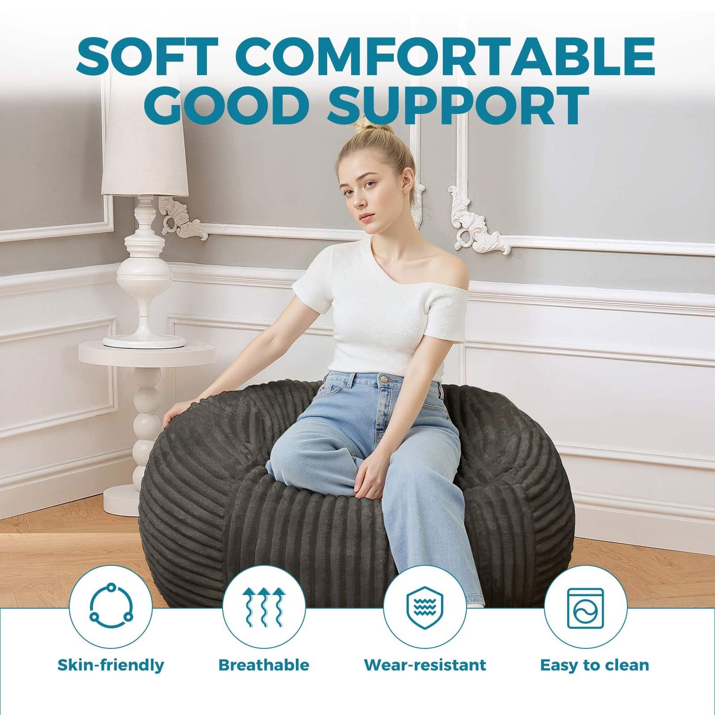 Bean Bag Chairs for Adults，Bean Bag Chair with Filler Included，Detachable and Washable Flannel Cover, Round Fluffy Sofa Chair Filled with Memory Foam, Suitable for Gaming, Bedroom (Grey)