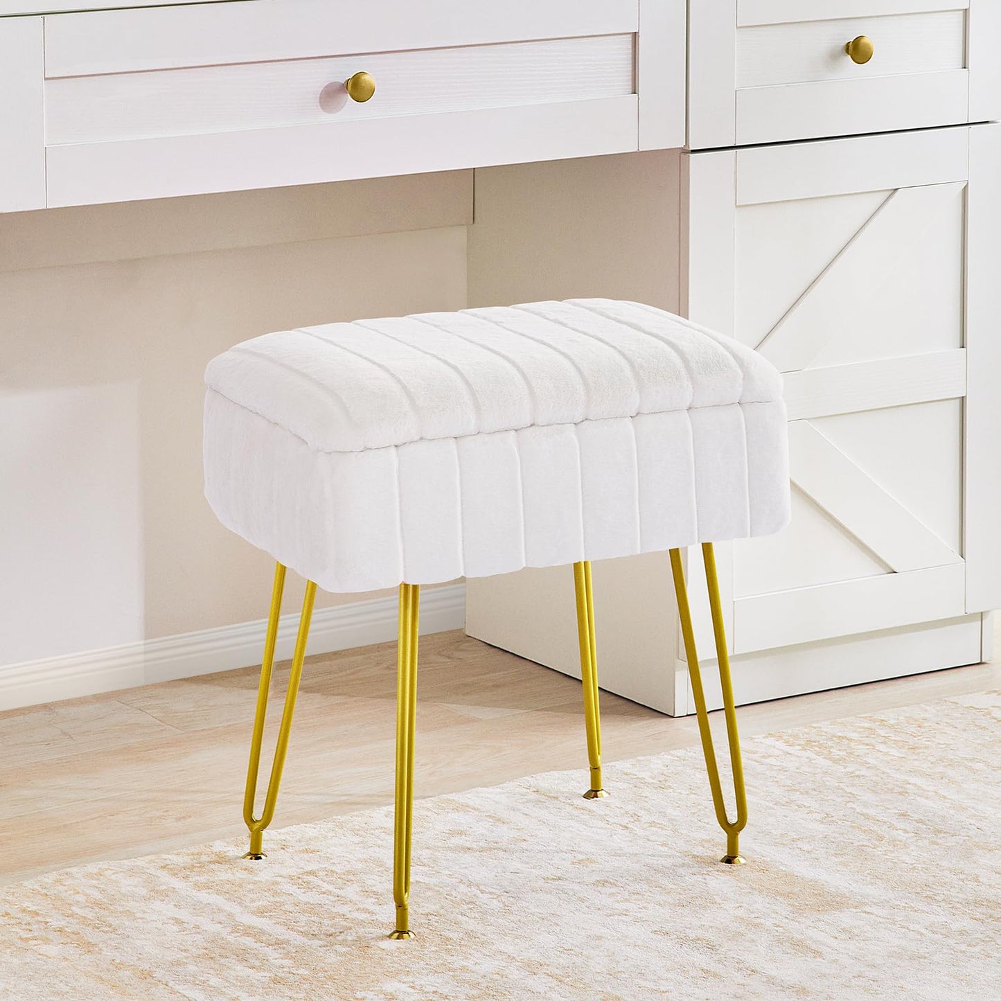 Redlife Vanity Stool with Storage, Vanity Stool Chair, Faux Fur Vanity Chair with Gold Metal Leg, Footrest Footstool Ottoman, Multifunctional Makeup Vanity Chair for Vanity Makeup Room Bedroom(White)