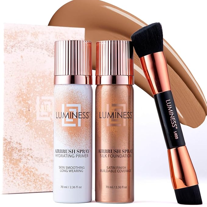 LUMINESS Airbrush Spray Silk Foundation Starter Kit - Light Tan - Foundation, Primer & Dual-Sided Angled Buffing Brush - Medium, Buildable Coverage, Anti-Aging Formula Hydrates & Moisturizes