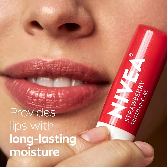 NIVEA Strawberry Lip Care, Tinted Lip Balm Pack with Shea Butter, Nourishing Oils and Vitamin C & E, 3-in-1 Moisture, Repair and Color, 0.17 Oz Stick, Pack of 4
