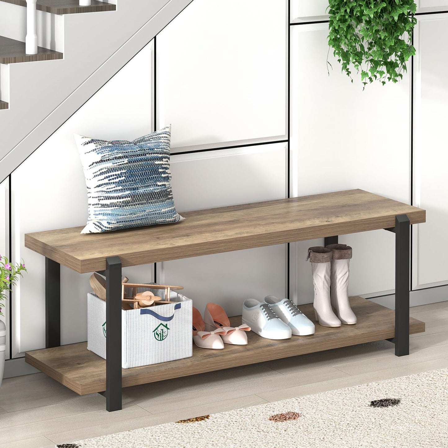 FOLUBAN Entryway Bench, Industrial Shoe Storage Bench for Bedroom Living Room, Modern Indoor Bench Seat for Hallway Front Door Entrance, Easy Assembly, Oak 47 inch