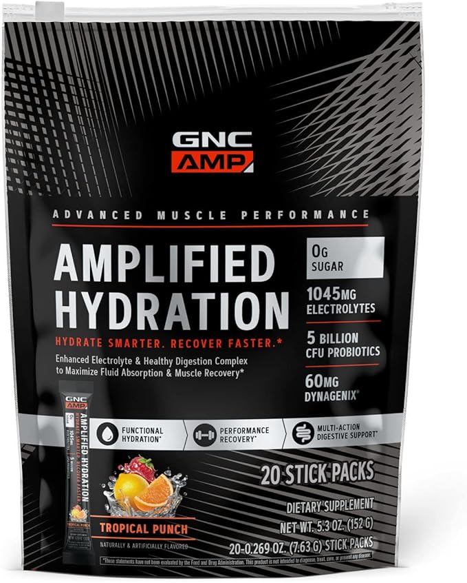 GNC AMP Amplified Hydration Electrolyte Powder Drink Mix | Enhanced Electrolyte & Healthy Digestion Complex | Tropical Pun...