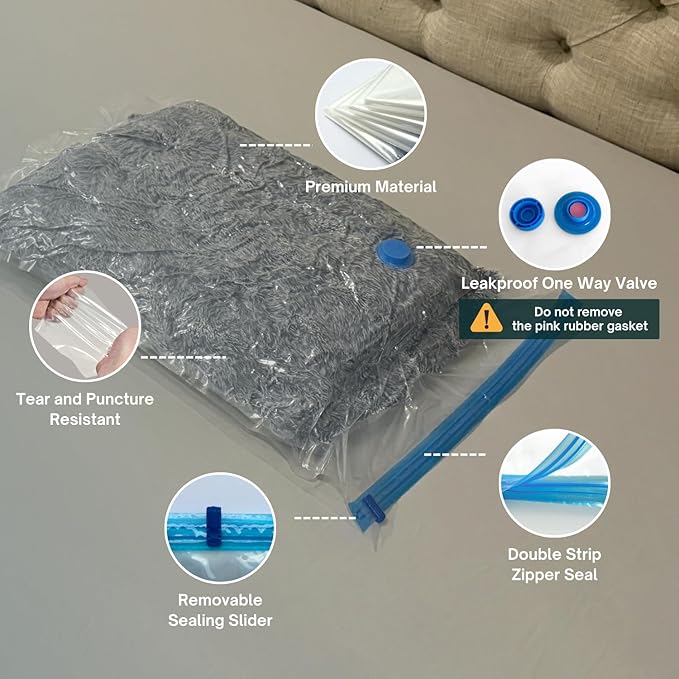 4 Mega Jumbo XXL Vacuum Storage Bags with Pump (47x35in), Supersized Compression Space Saver for Comforter, duvet, Bedding, Blanket storage, Vacuum Seal Bags for Clothing, Stuffed Toy, Cushions
