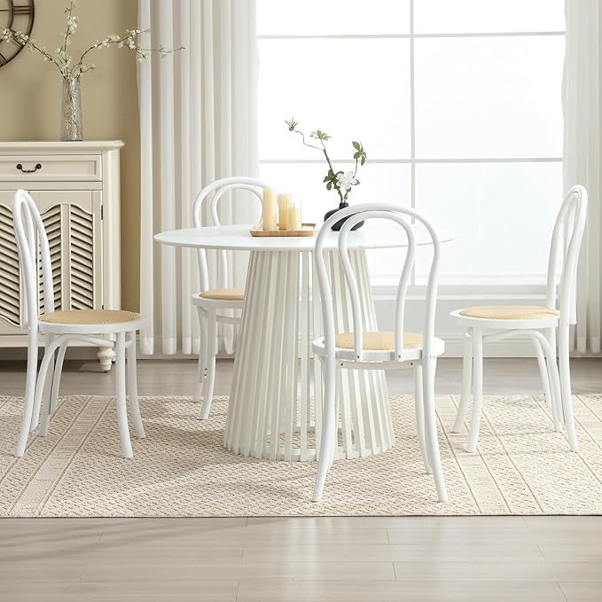 DM Rattan Dining Chairs Set of 4 Mid-Century Modern Solid Curved Wood Kitchen & Dining Chairs with Backrest, White Wood, No Assembly Required