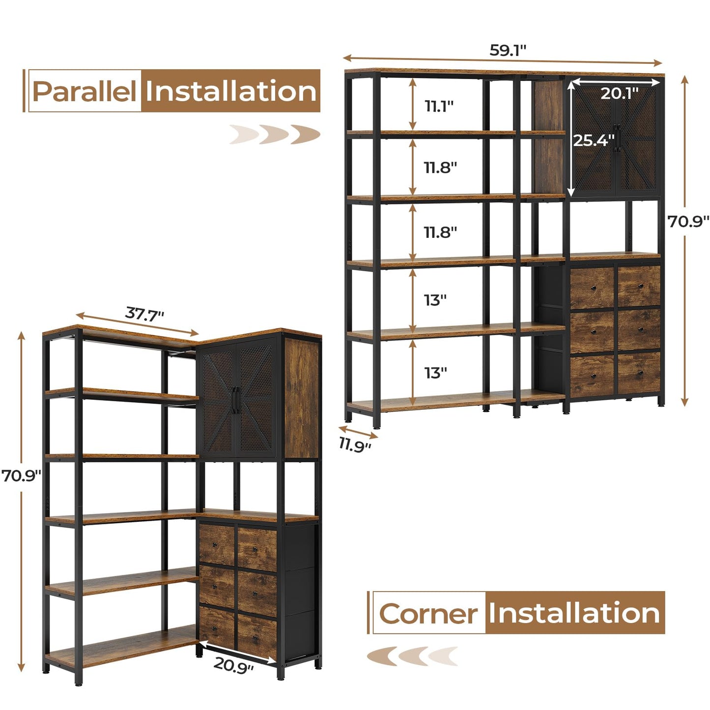HAUOMS Corner Bookshelf, 6 Tier Industrial Convertible Bookshelf with 6 Fabric Drawers, Corner Bookcase Large L Shaped Storage Display Shelf for Home Office, Living Room, Kitchen, Rustic Brown