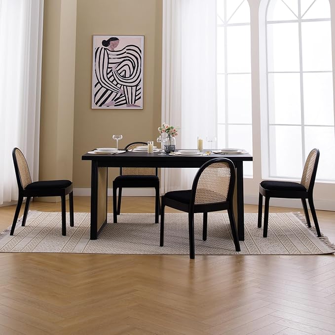 DUOMAY Mid-Century Modern Rattan Dining Chairs Set of 2, Wooden Dining Room Chair with Cane Backrest and Padded Seat, Black Sherpa Upholstered Dining Chair, Black Finish