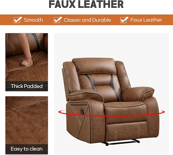 EBELLO Manual Recliner Sofa Set, Faux Leather Reclining Living Room Furniture Set, Included Recliner Chair and 3 Seat Manual Recline Sofa, Brown