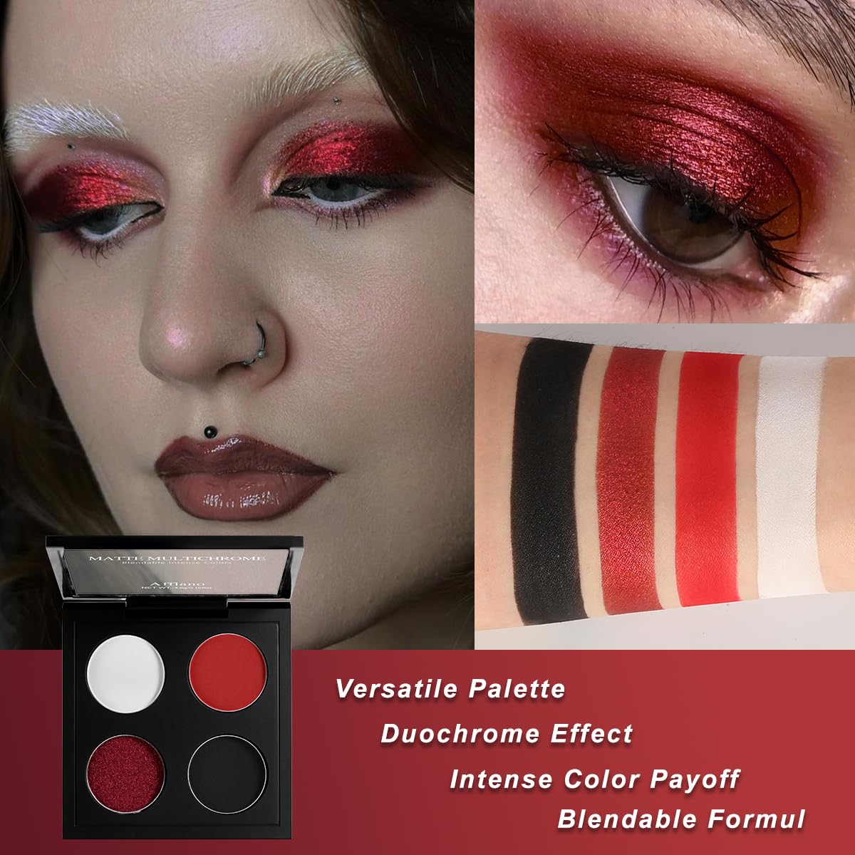 Afflano Gothic Red Makeup Eyeshadow Palette, Matte White Black Red Eye shadow, Ultra-Pigmented Chrome Red Glitter Eyeshadow, Int