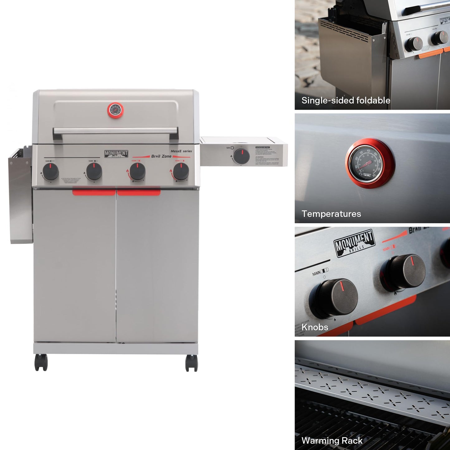 Monument Grills 4+1 Burner Stainless Steel 525 sq.in Propane Gas Grill, 49,000 BTU, Assembles in 30 Mins, Outdoor Mesa 2 Patio Grill with Broil Zone, Side Burner, Foldable Side Shelf, Mesa II 415BZ