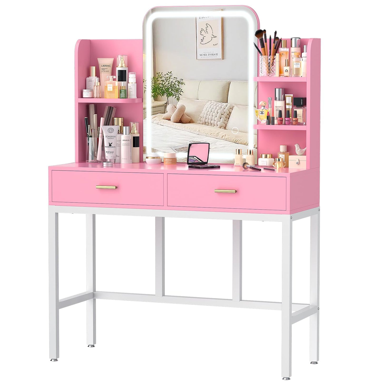Vanity Desk, Makeup Vanity Desk with Mirrors, Vanity Set with 2 Storage Drawers and Open Shelves, 3 Colors LED Brightness Adjustable Dressing Table, Makeup Desk for Girl and Women, Pink