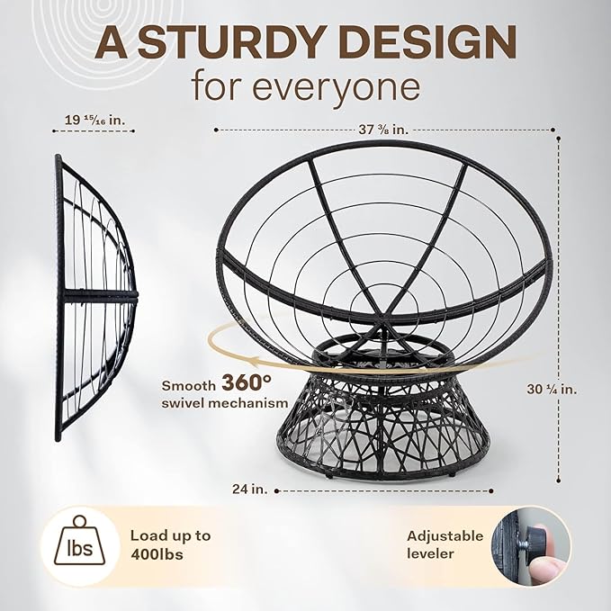 Bme 40" Ergonomic Wicker Papasan Chair with Soft Thick Cushion & Frame, 360° Swivel, Circle, Reading, Comfy Chair for Living Room, Bedroom