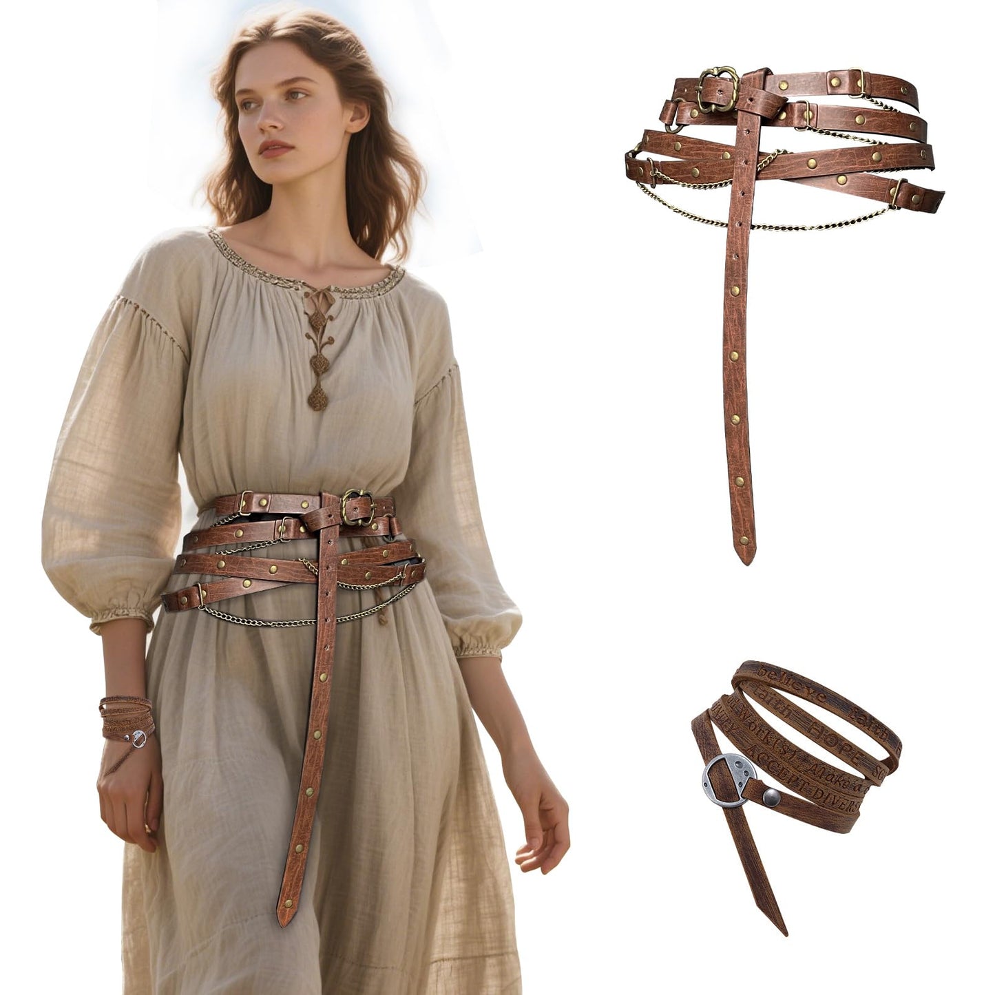 EpicCos Medieval Ren Faire DIY Belt Wrap Bracelet, Renaissance Leather Vintage Chain Belt for LARP Cosplay, Boho (Brown B)