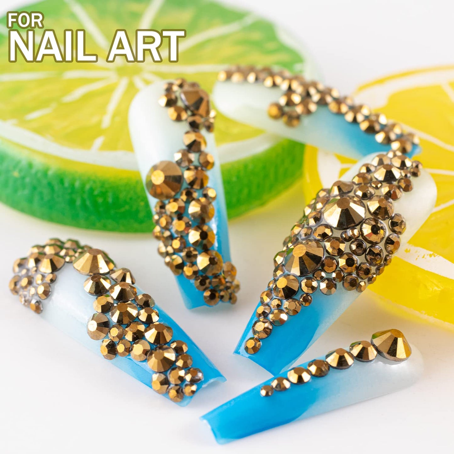 One Pack 2000 Pcs of Flatback Round Mineral Gold Rhinestones 6 Sizes (1.5-6 mm) with Nail Art Rhinestone Picker Pencil and Tweez
