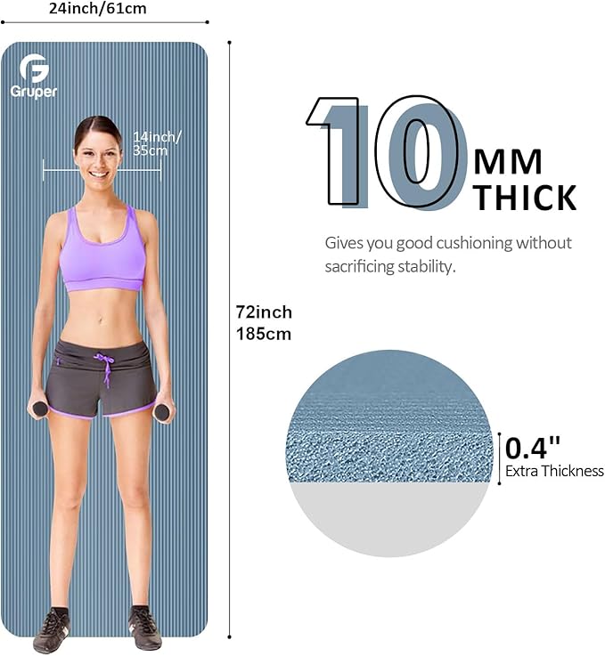 Yoga Mat Non Slip NBR Extra Thick Yoga Mat, 72"L x 32"/24"W x 0.6"/0.4"TH (185cm x 80cm/61cm x 15mm/10mm), Anti-Tear Exercise Mat with Carrying Strap and Bag, Workout Mats for Yoga, Pilates
