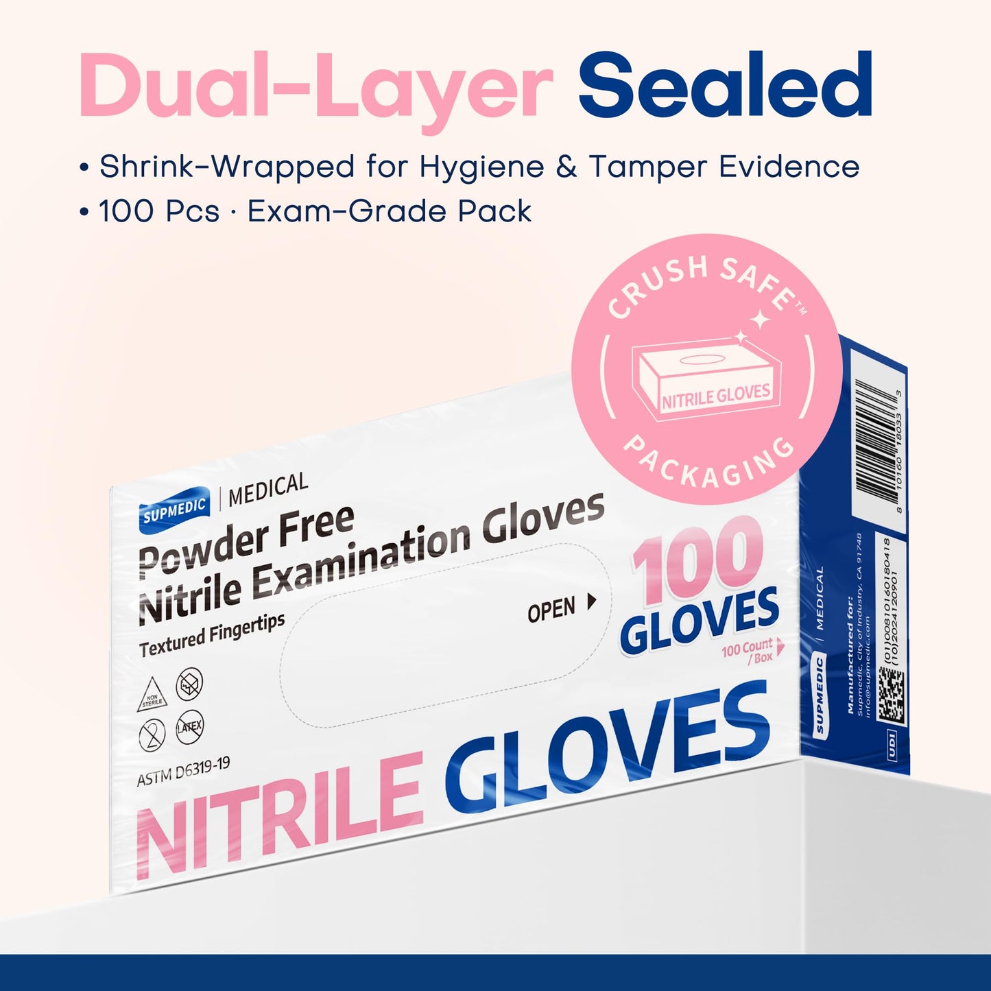 Supmedic Medical Nitrile Exam Gloves, 3.5 mil Powder-Free Food-Safe Disposable Glove for Cleaning & Esthetician, Rose Quartz 100 Pcs (Medium)