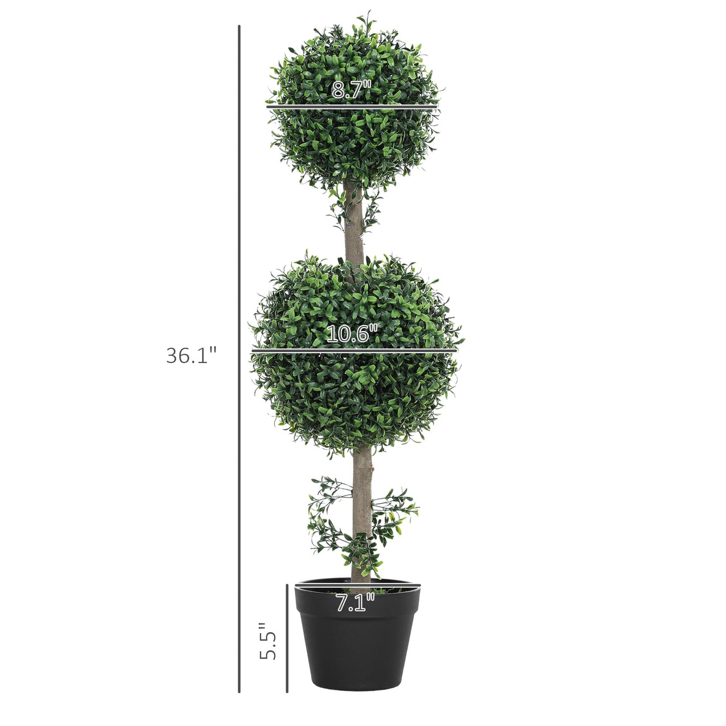 HOMCOM Artificial Plants Topiary Ball-Shaped Boxwood Trees in Pot Set of 2 Fake Plants for Home Indoor Outdoor Front Porch Decor, 36 Inch, Green