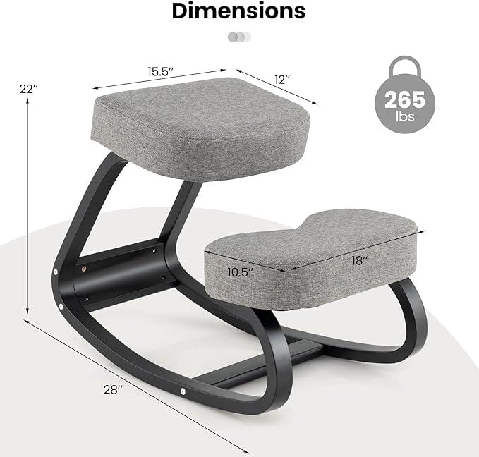Goplus Ergonomic Kneeling Chair, Rocking Upright Posture Chair with Soft Seat & Knee Pads, Wooden Backless Knee Chair Relieves Neck Back Pain for Home Office Study, Gray and Black