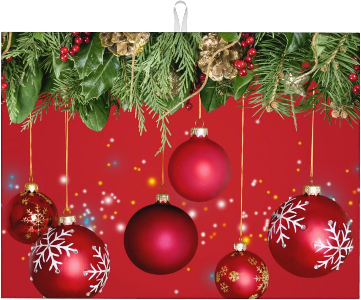 Large Dish Drying Mat for Kitchen Counter,Christmas Tree and Red Balls Dish Drying Mat,Merry Christmas Dish Drainer Mat Drying Pad Super Absorbent Reversible Microfiber for Kitchen Coffee Bar 18"X24"