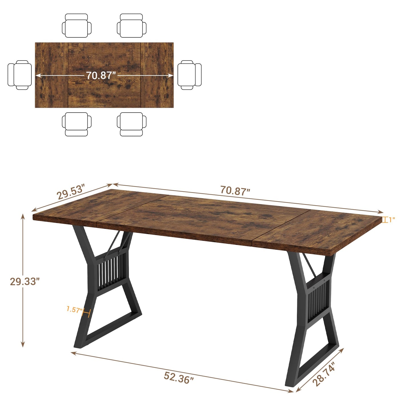GarveeHome 70.8 in Dining Table 4-6 Person, Kitchen Table with Heavy Duty Metal Legs, Farmhouse Dining Room Table for Kitchen, Living Room