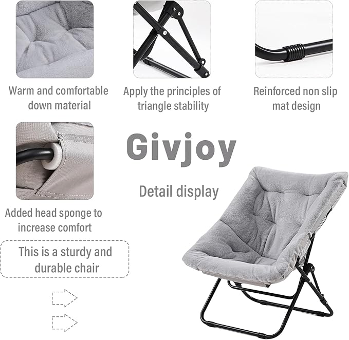 Givjoy Comfy Folded Chair, Soft Faux Fur Oversized Folding Accent Chair, Flexible Lounge Lazy Chair for Adults Kids, Metal Frame Moon Chair for Dorm Room, Bedroom, Living Room