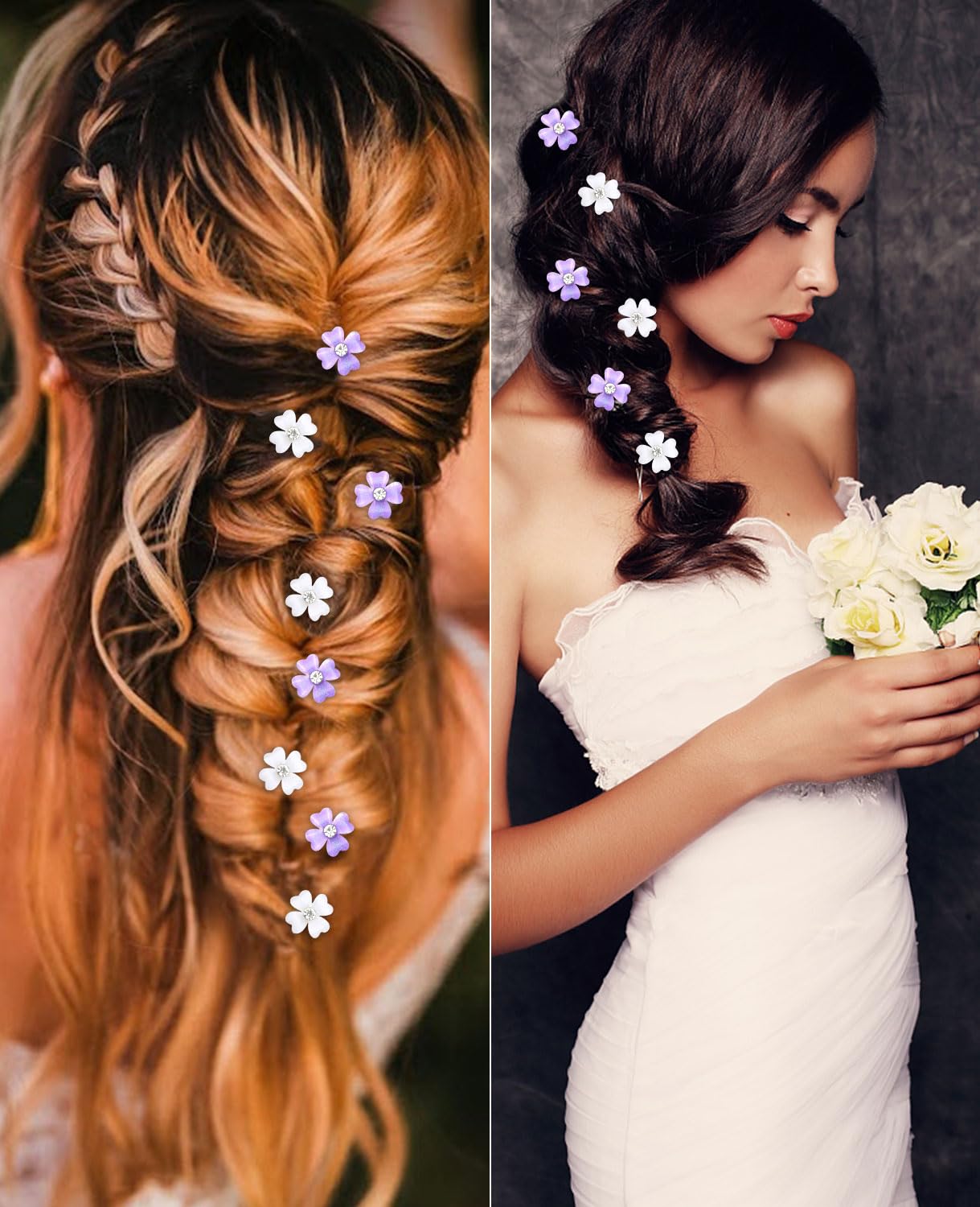 Wecoe 20 Pcs Small Purple White Flower Hair Accessories - Tiny Mini Decorative Bling Clips for Women's Wedding Gift