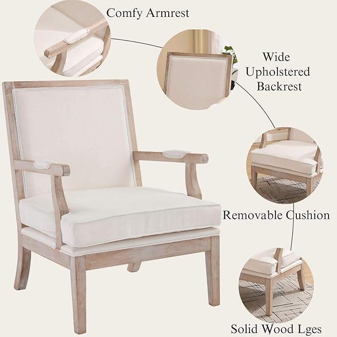 DM Furniture Accent Chair Set of 2 Mid-Century Modern Living Room Chair Linen Fabric Upholstered Lounge Armchair with Solid Wood Frame & Removable Cushion for Living Room, Bedroom, Balcony, Beige