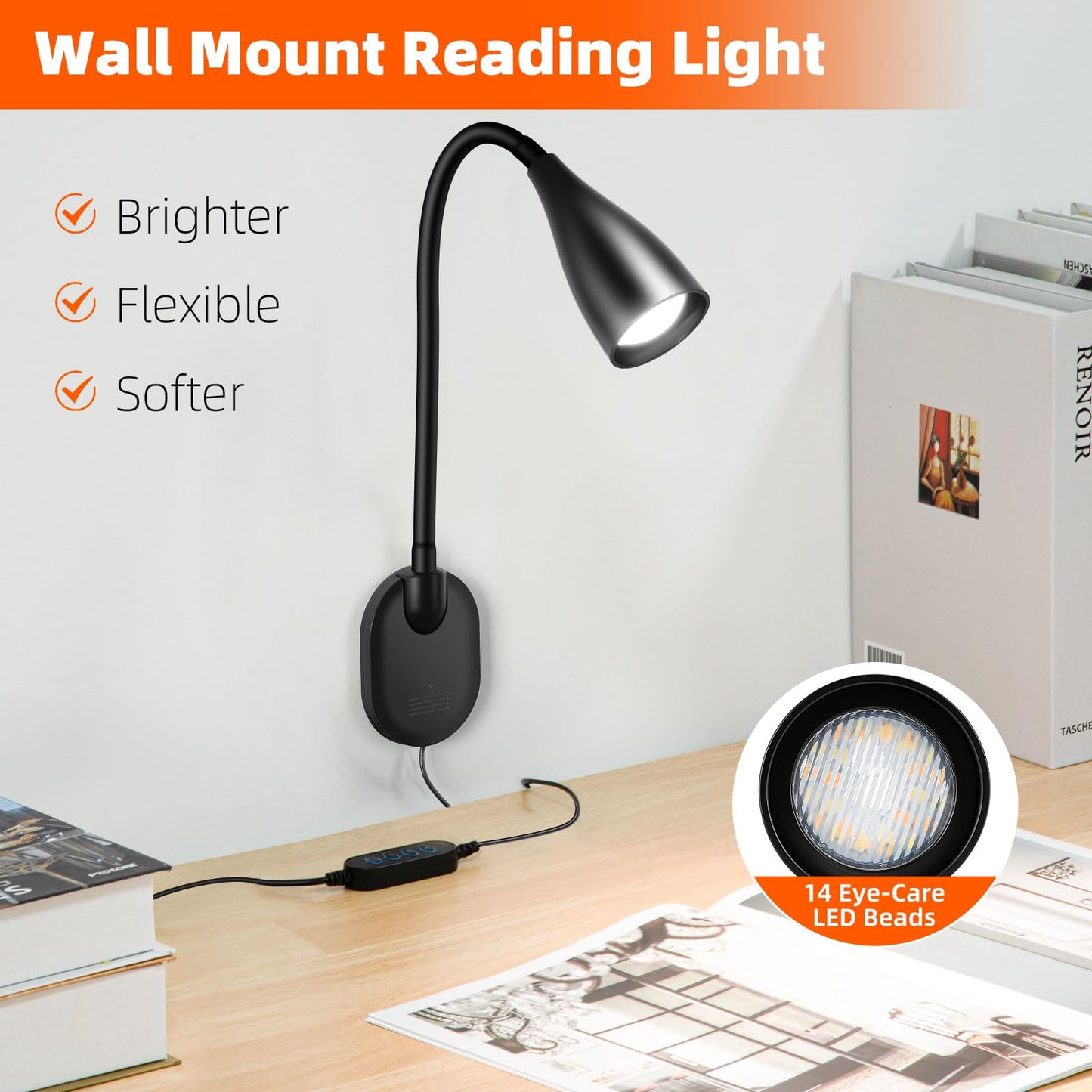 LiFMIRA Wall-Mounted LED Bedside Reading Light with USB Charging Port, 10-Level Dimmable & Adjustable 5 Color, Plug-in Adhesive Night Lamp for Books in Bed, Eye-Caring Bedroom Lighting (Black 2 Pack)