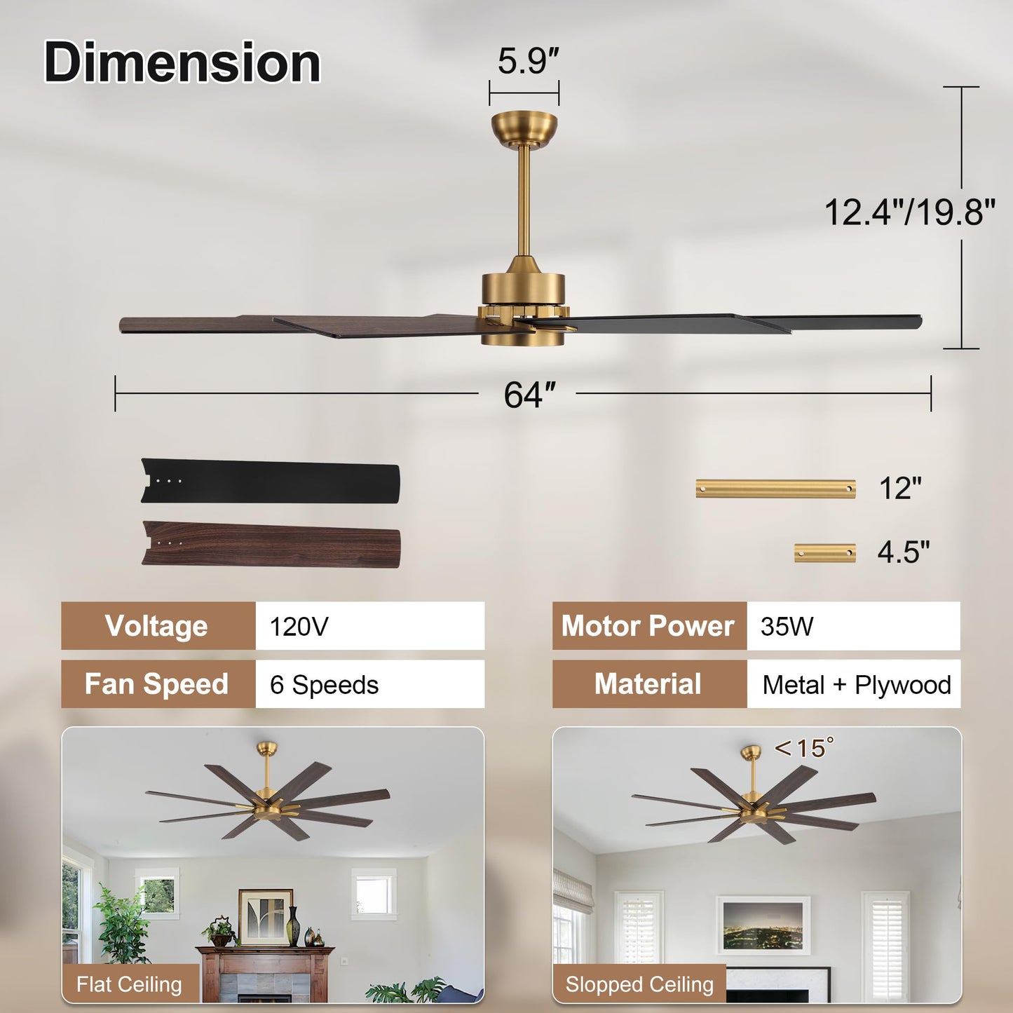 WINGBO 64 Inch Ceiling Fan without Light - 8 Plywood Blades, 6-Speed Reversible DC Motor, Noiseless Remote Control Ceiling Fan No Light for Bedroom Living Room Kitchen, Gold and Walnut/Black
