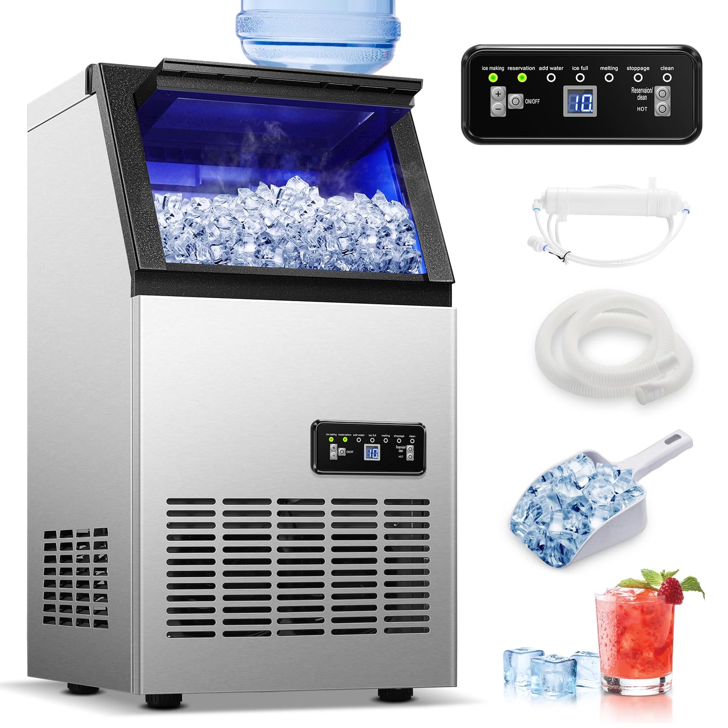 Amzgachfktch Commercial Ice Maker 120lbs/24H with 2 Water Inlet, Ice Maker Machine with 33lbs Storage, Auto Self-Cleaning, Under Counter/Freestanding Ice Maker for Home Shop Bar