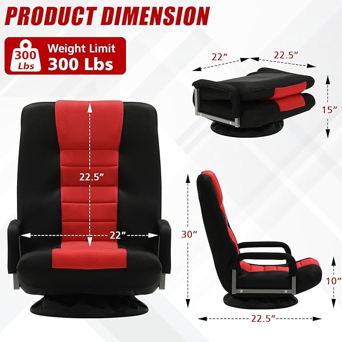 ACIPENSER Swivel Gaming Chair Multipurpose 2PACK Floor Gaming Chair for Playing Video Games, TV, Reading w/Armrest Lumbar Support & 6 Adjustable Postion Backrest for Adults & Kids,Red