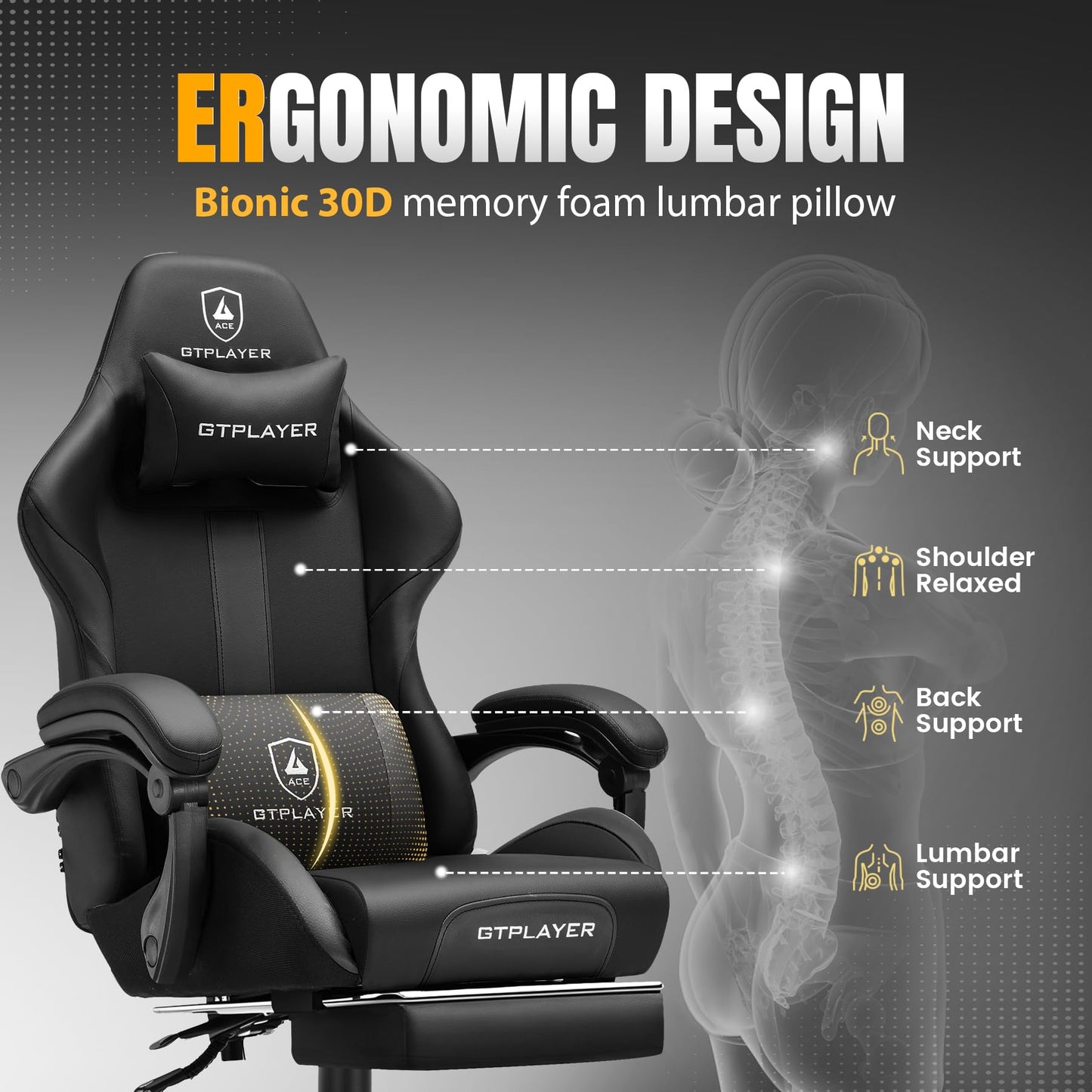GTPLAYER Gaming Chair with Foot Rest & Pocket Spring Cushion, Ergonomic High Back Computer Chair with Headrest & 360°-Swivel Seat for Home Office Desk, PU Leather, Black