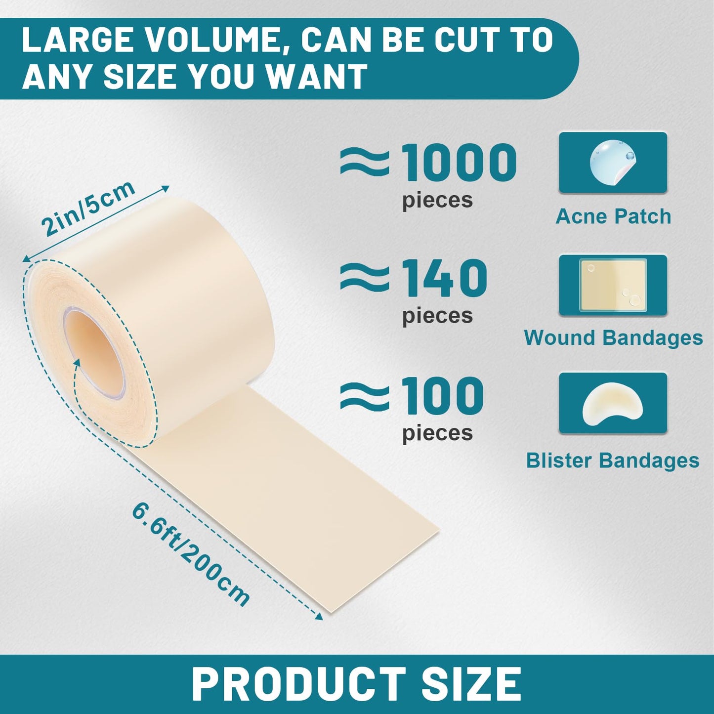 WUYUAN Hydrocolloid Roll for Wound Care, Hydrocolloid Bandages with Self-Adhesive, Extra Large Hydrocolloid Patch Bandages Cut-to-Size, Ultra Absorbent, Waterproof First Aid Kit Essential, 2in*6.6ft