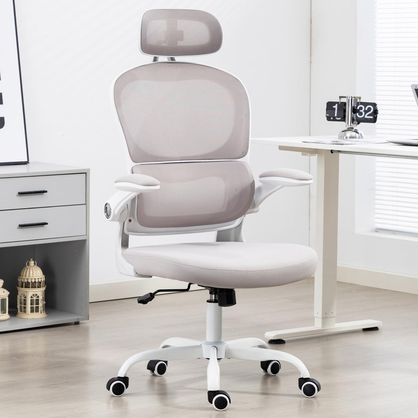 Yilaywain Ergonomic Office Chair, Home Office Desk Chair with Adjustable Headrest, High Back Computer Chair with Armrests and Lumbar Support for Home Office Study Room, Black & Gray (Grey)