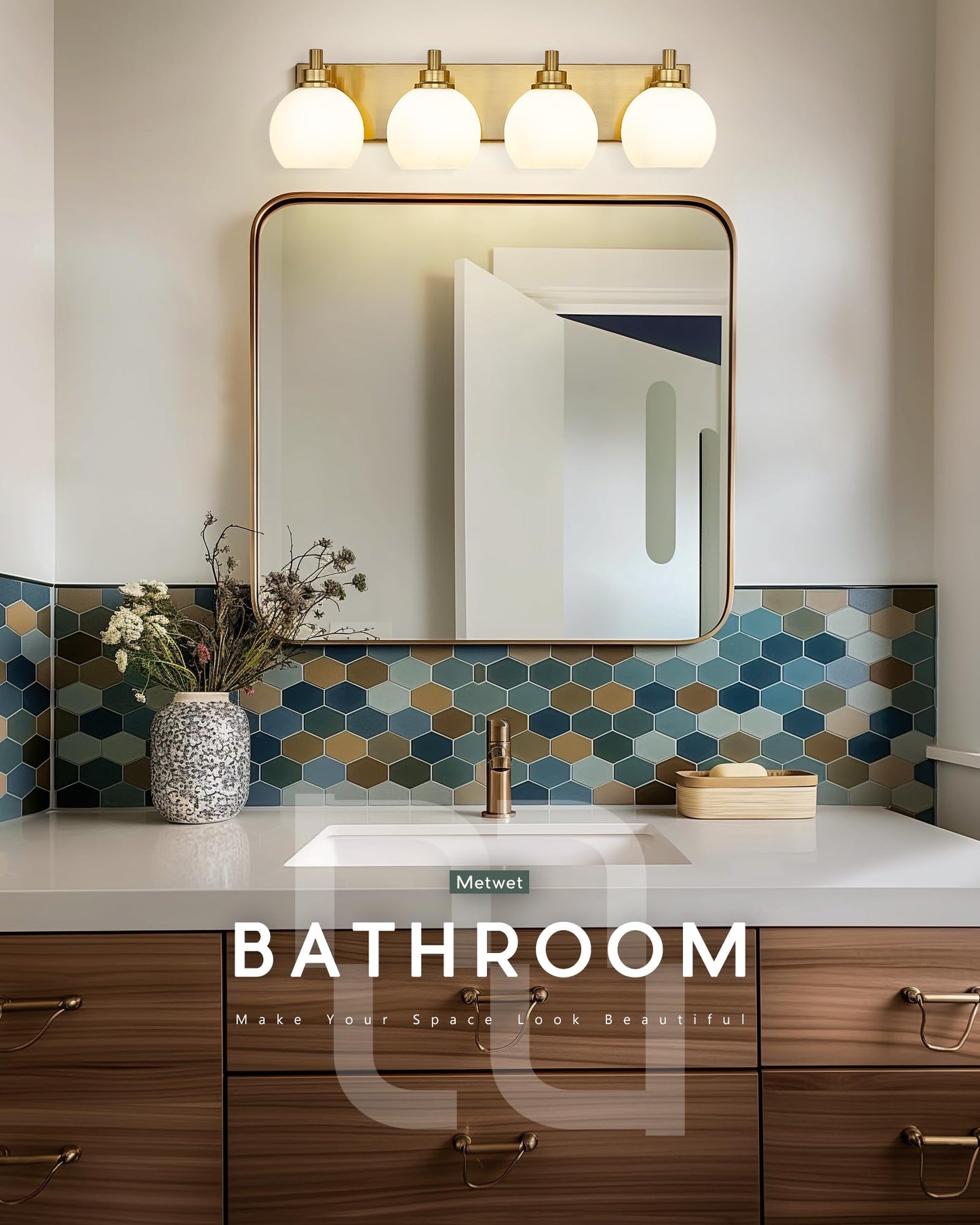 METWET Bathroom Light Fixtures, 4 Light Brushed Gold Vanity Light, 26 Inch Modern Wall Sconces with Globe Milk White Glass Shade, Vanity Lighting Fixtures Over Mirror, VL195-BG-ML-4