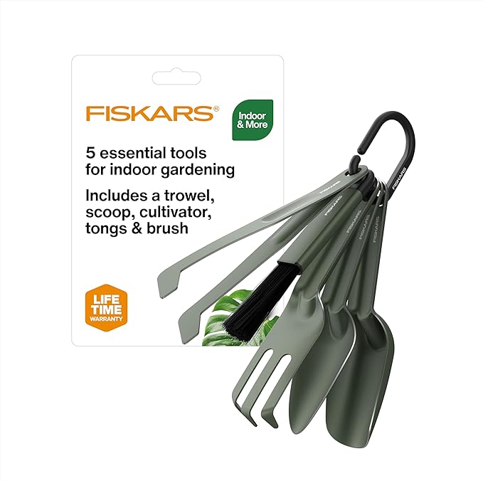 Fiskars 5-Piece Cultivating Tool Set for Indoor Plants – Stainless Steel Scoop, Trowel, Cultivator, Tongs & Brush, Space-Saving Nesting Design for Houseplants, Succulents & Cacti
