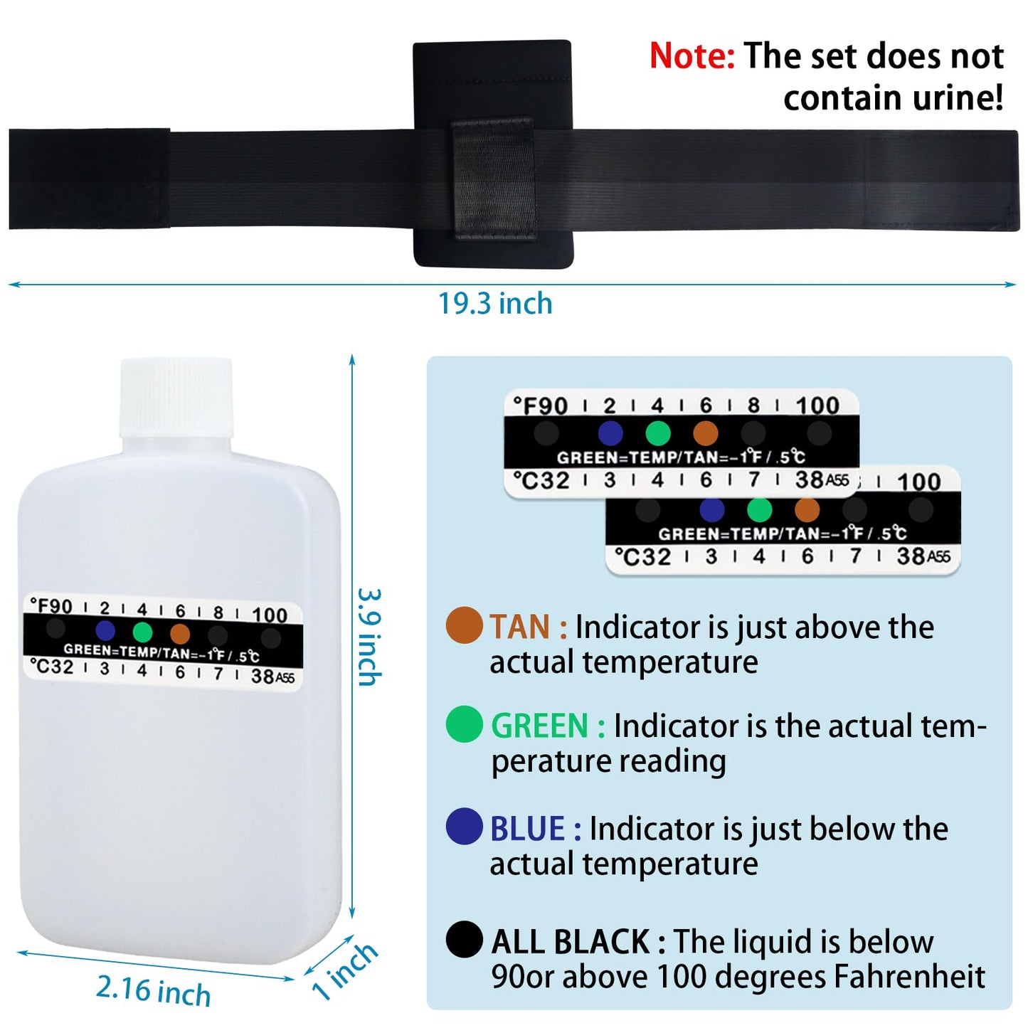 3oz Urine Test Complete Kit, 2 Smaller Translucent Portable Empty Bottle, Hidden Hi-Stretch Leg Strap and Thermal Sample Bag, 10 Temperature Test Strips, Urine Bottle Kit Test Practice at Home
