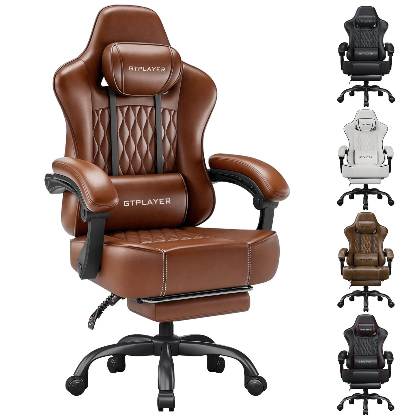 GTPLAYER Big and Tall Gaming Chair with Footrest, Ergonomic Office Desk Chair with 4.4in Thick Cushion and Wide Wingless Seat, Comfortable Leather Computer Chair, Predator Series, Chocolate Brown